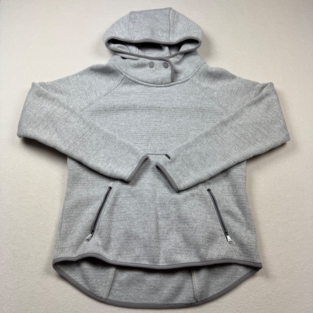 prAna Women's Hoodie Pullover‎ Sweater Gray M Funnel Neck Thumbholes Zip Pockets